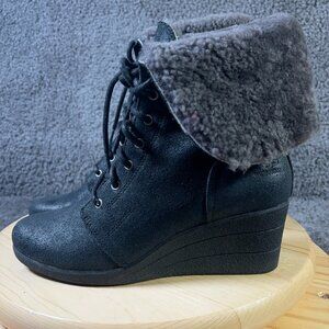 Ugg Boots Zea Shearling Wedge Heel Womens Size 9 Black Leather Sheepskin Lined